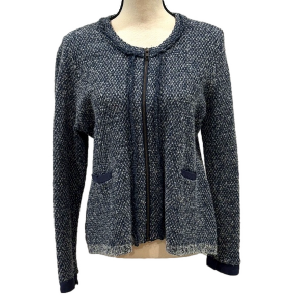 Anthropologie Angel of the North Envalira Blue Wool Silk Blend Tweed Cardigan  L - Picture 1 of 11